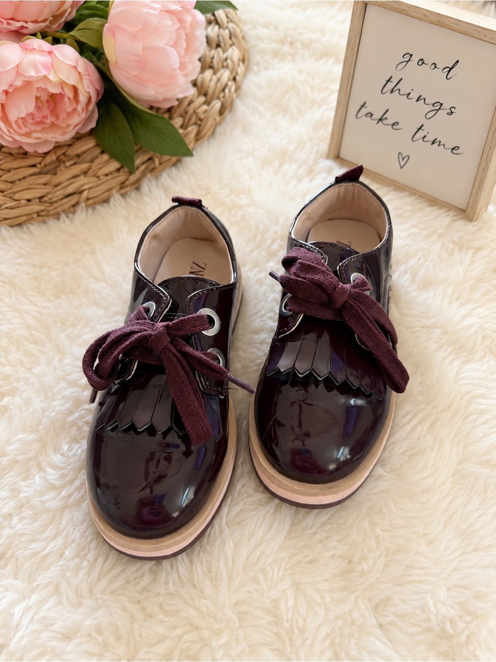 Zara kids Patent Leather Lace-Up Shoes in Deep Burgundy NWOT $39 MSRP